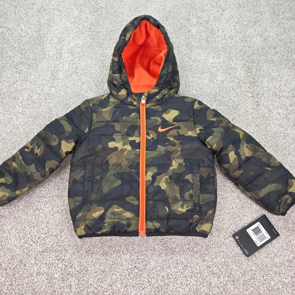 New Nike Boys Army Camo Puffer Jacket Hooded Orange 76G083-A38 2T NWT